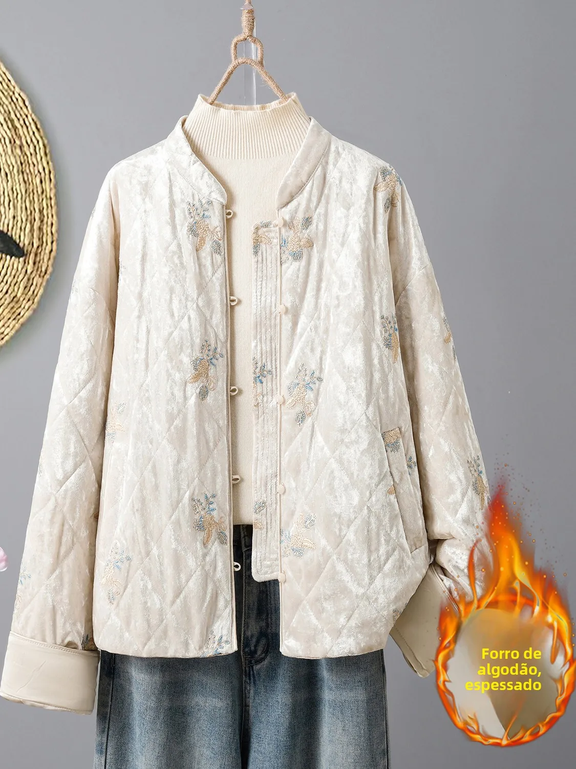 

New Chinese Style Women's Thickened Cotton Jacket Embroidered Floral Pattern Fashionable Top Winter Warm Long Sleeve Coat