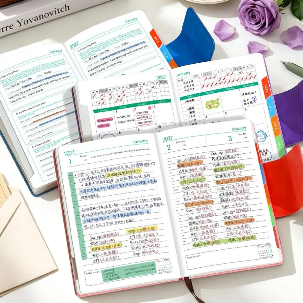 Portable A5 2027 Agenda Book Planner Reminder Textured PU Daily Planner Book To Do List Calendar Book Students