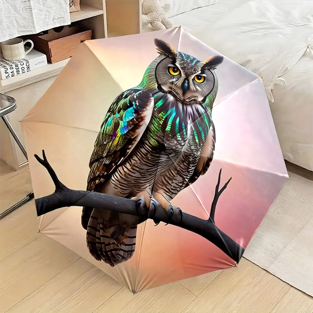 1PC Colorful Owl Umbrella: A Unique and Functional Design Print 8 Iron Ribs Folding Umbrella Auto-Open Fashion Sunshade