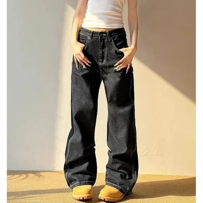 

2025 Blue Jeans Women Y2K Hip Hop Vintage High Waisted Jeans Straight Streetwear Casual Loose Large Size Wide Leg Denim Pants