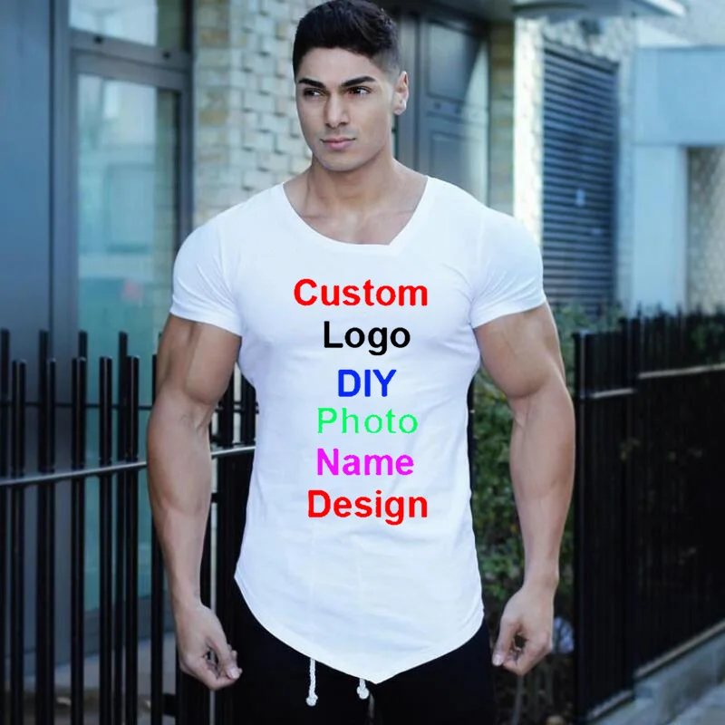 Customized DIY Brand Logo T-Shirt Mens Gym Clothing V-neck Short Sleeve Slim Fit T Shirt Ftiness Men compression Tshirt homme