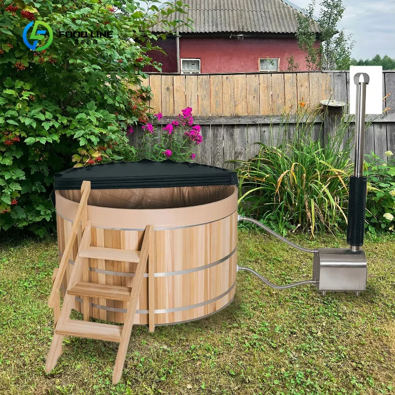 Customized Cedar Wood Burning Spa Tub, Outdoor Round Wooden Hot Tub Equipped Internal Wood Furnace & Detachable Stair