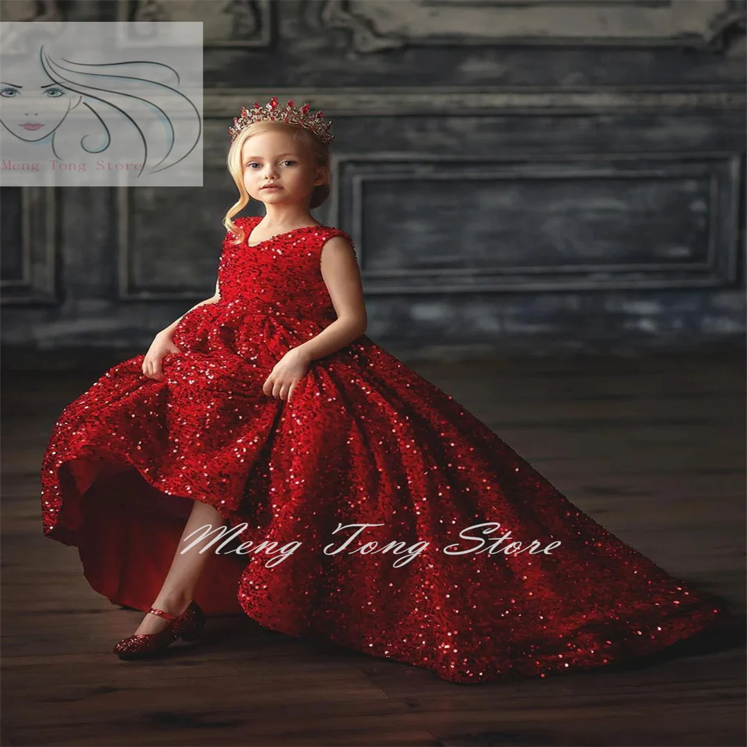 

Flower Girl Dress Red Sequin Trail Sleeveless O-neck Sparkle Wedding Lovely Flower Child Eucharist Ball Celebration Party Dress