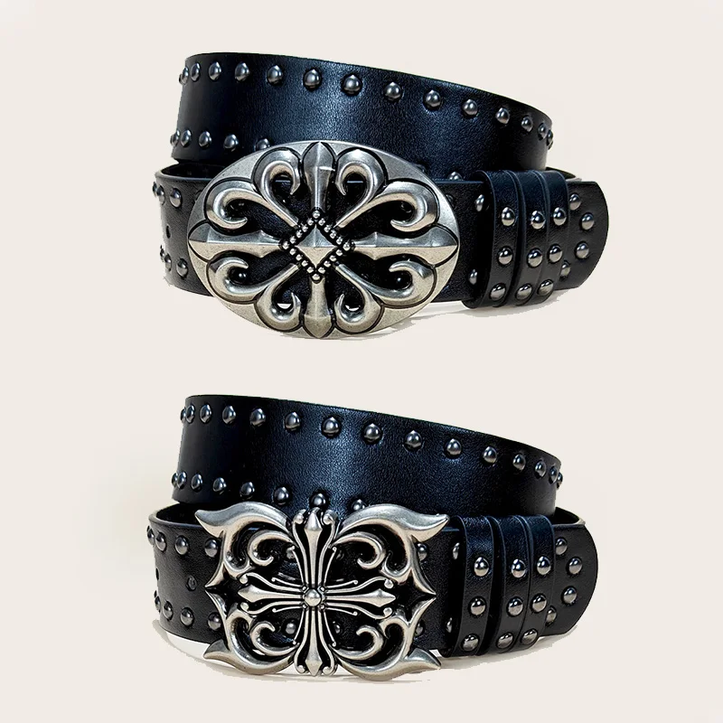 Unisex Jeans Belt Female Punk 3.8cm Wide Belts For Women Plus Size Luxury Designer Cross Men's belt Gothic Rivet Waistband Male