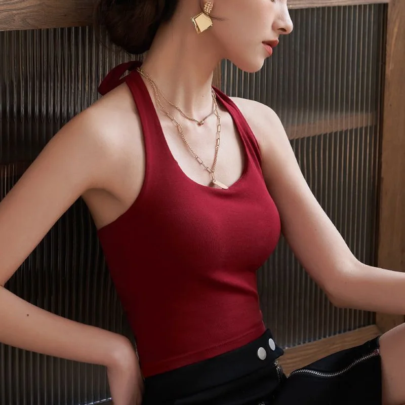 Haut court avec coussretours de poitrine pour femme, bretelles spaghetti, dos licou, sous-vêtements dos beauté, fibrCamisole, Y, 40-60kg