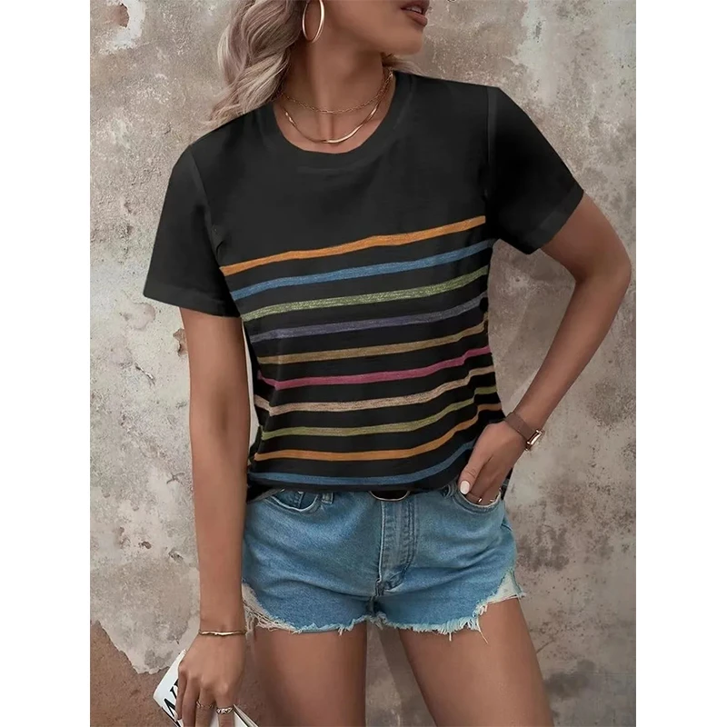 Summer Women\'s Fashion Stripe Pirnt T-Shirt Holiday Party Casual Shirt Harajuku Female Clothing Short-Sleeved Round Neck Tshirts