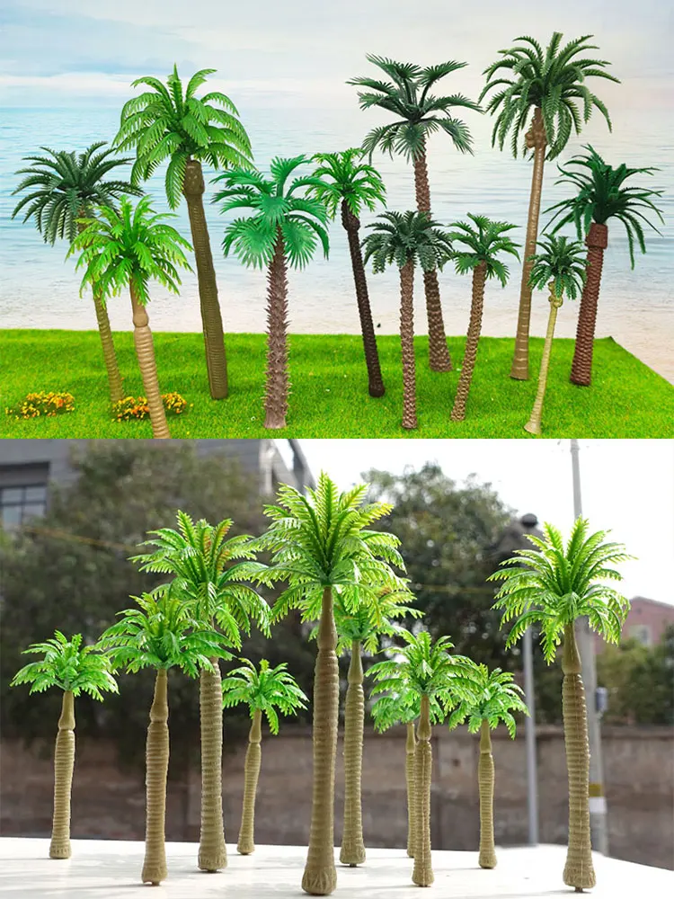 Coqueiro tropical, palmeira, planta decorativa artificial para a paisagem, mar, praia, paisagem, acessórios em miniatura, 10pcs