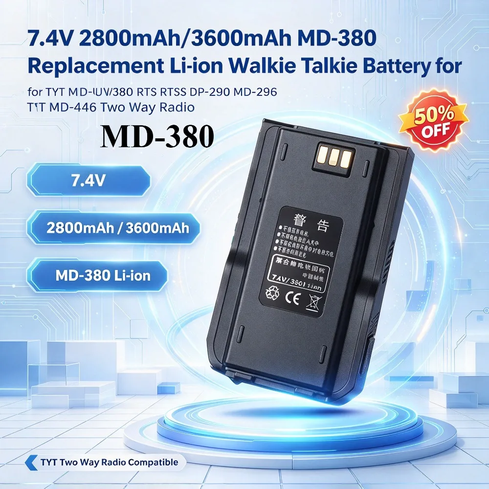 7.4V 2800mAh/3600mAh MD-380 Replacement Li-ion Walkie Talkie Battery for TYT MD-UV380 RT3 RT3S DP-290 MD-446 Two Way Radio