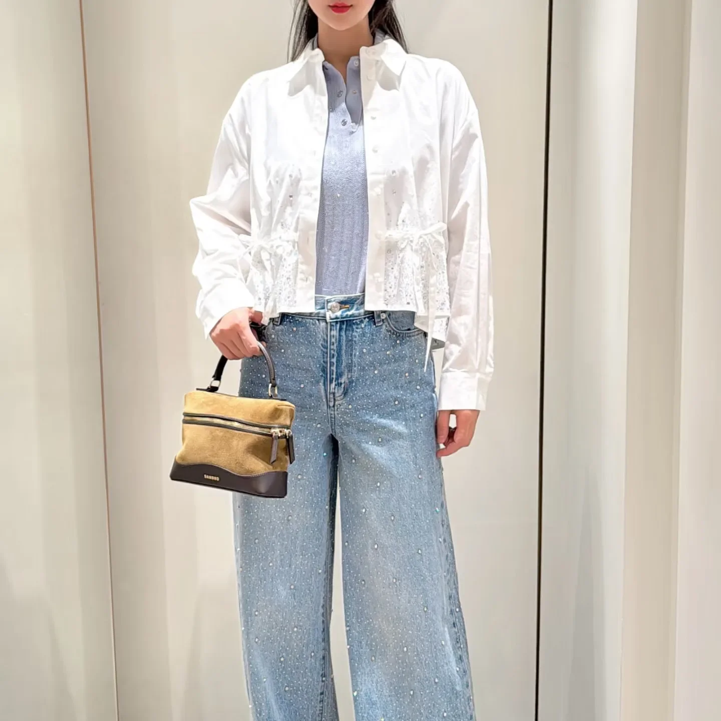 Women White Shirt Colorful Diamond Embellished Waist Drawstring Long Sleeve Turn-Down Collar Lady Top