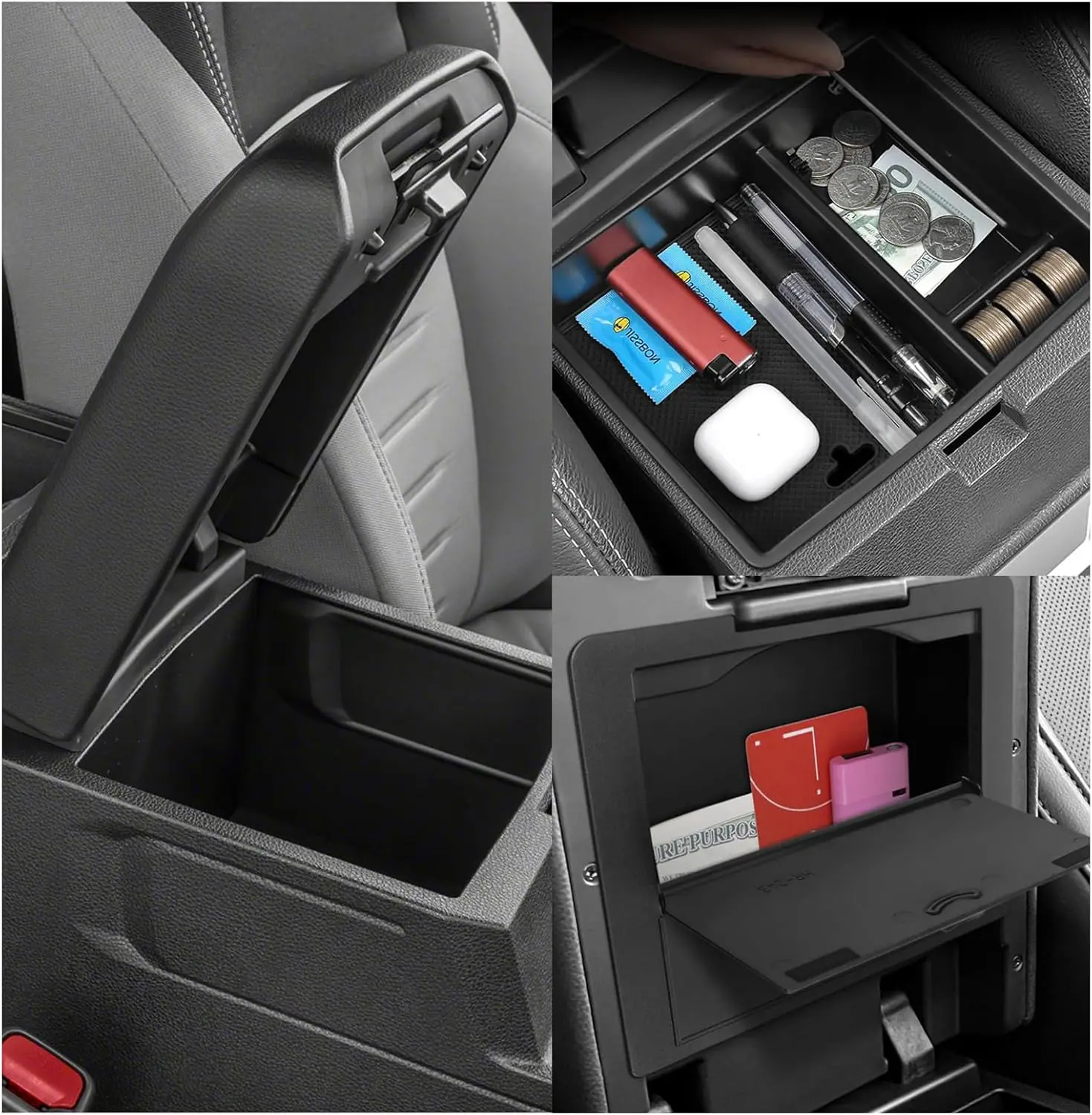 2PCS for Toyota Tacoma 2024 -2026 Armrest Storage Box Center Console Organizer Tray Tidying Car Interior Accessories Black ABS view 3