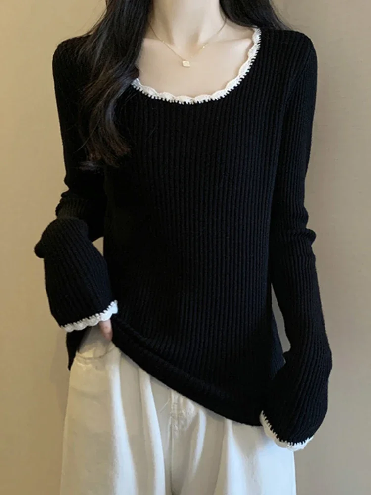 

Spring Autumn Sweaters O Neck Long Sleeve Contrast Color Female Slim Simple Pullovers All Match Vintage 2024 New Women Clothing