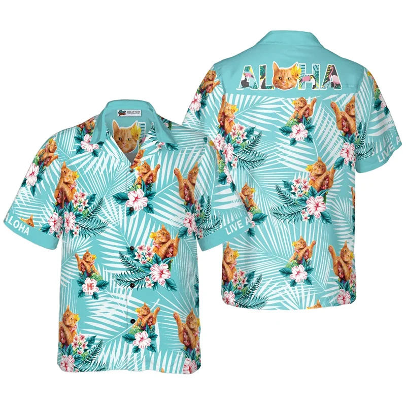 Cute Cat Hawaiian Shirt Unisex Clothes 3D Printed Tropical Plants Beach Shirt Vacation Short Sleeve Shirts Cartoon Kid Tops