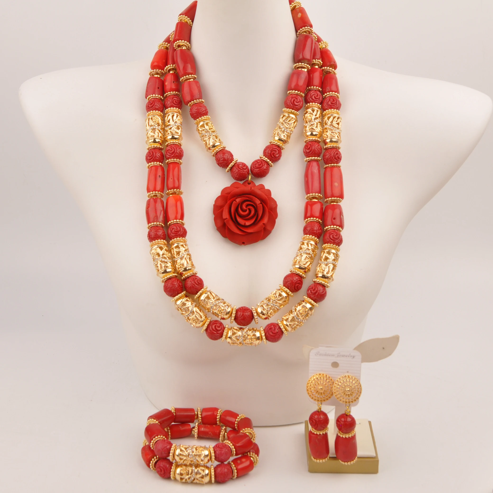 

Nigerian Wedding Coral Bead Flower Necklace African Jewelry Set