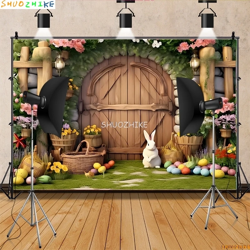 SHUOZHIKE 부활절 날 디지털 사진 배경 소품, 토끼 꽃 아치 문, 출산 사진 스튜디오 배경 YH-02