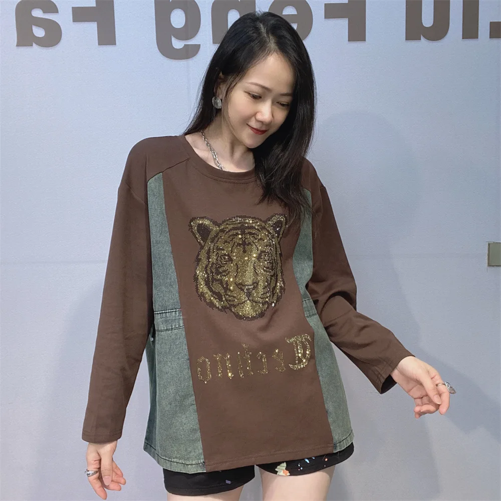 Contrast Color Denim Splicing Long Sleeve Sweatshirt Tiger Hot Diamonds Round Neck Loose Basic Top Spring Autumn Casual T-shirt
