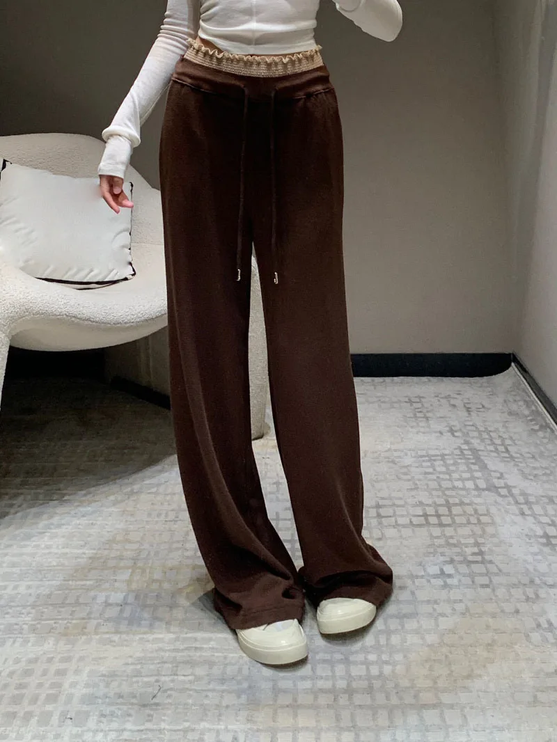 

2024 Autumn/Winter New Women's Casual Style Pants Fashionable and Exquisite Ear Ear Edge Drawstring Wool Wide Leg Pants