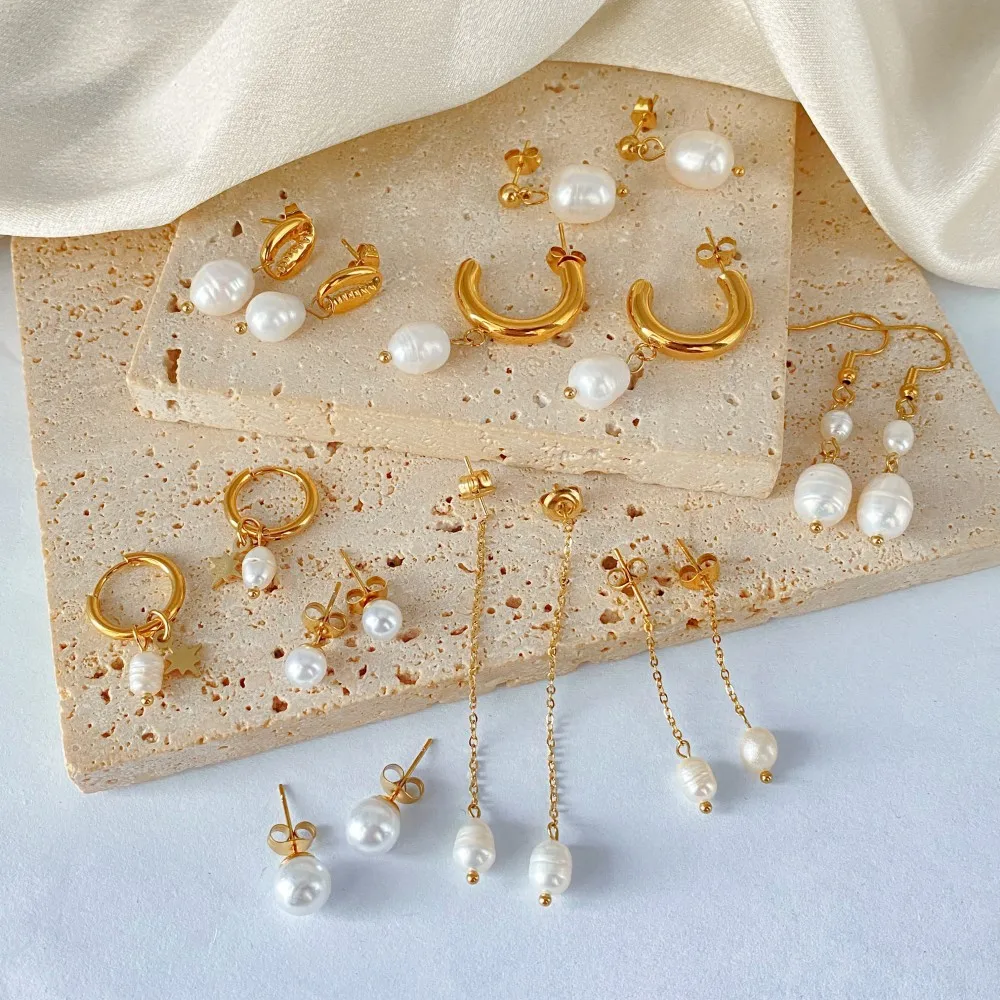 eManco أقراط لؤلؤ المياه العذبة الفولاذ المقاوم للصدأ المرأة مجوهرات سلسلة قطرة مثقوب أقراط اللؤلؤ والمجوهرات مجموعة هدية بالجملة #3