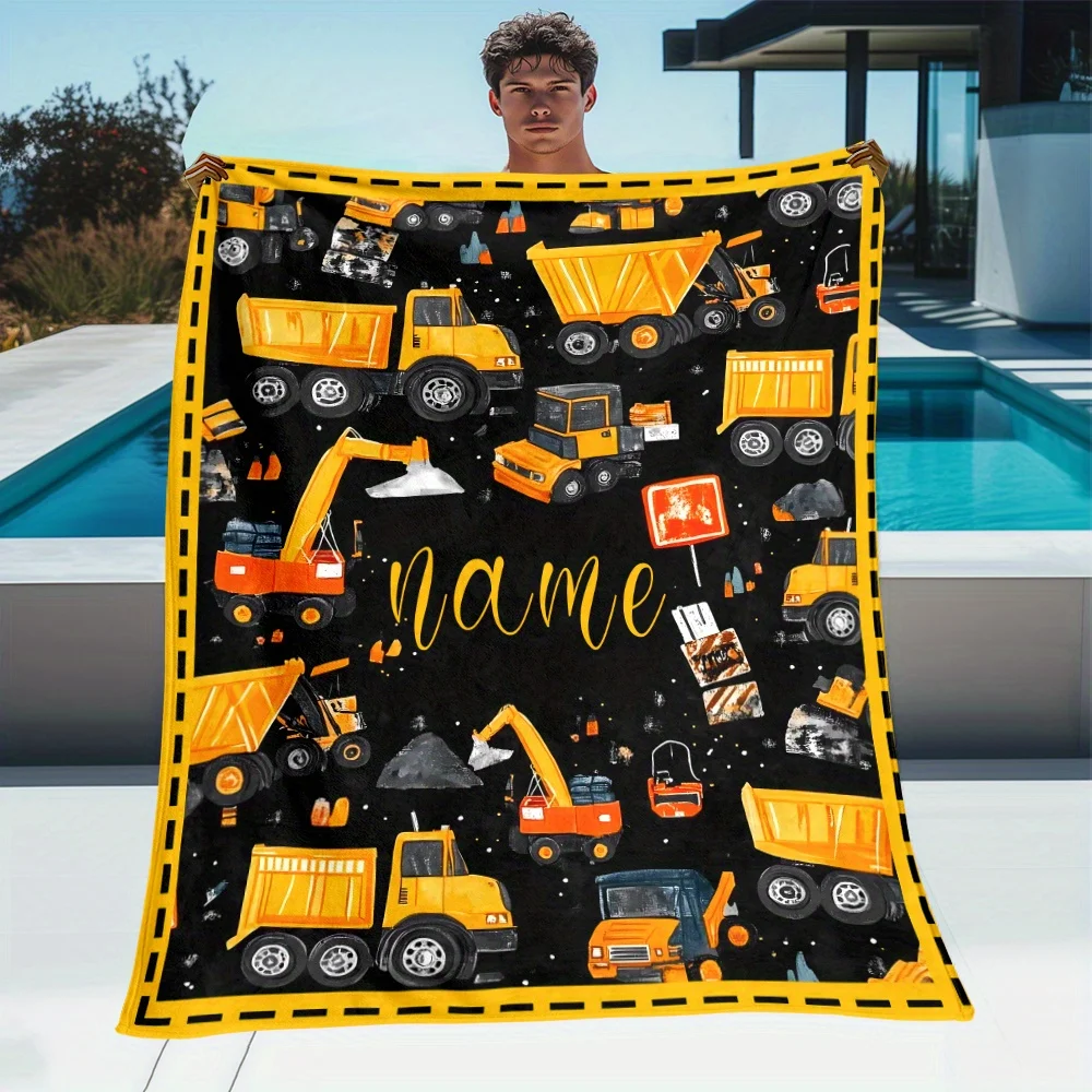 Custom Construction Vehicles Fleece Blanket Personalized Name Truck Excavator Print Throw Soft Cozy All Season Kids Bedding Gift