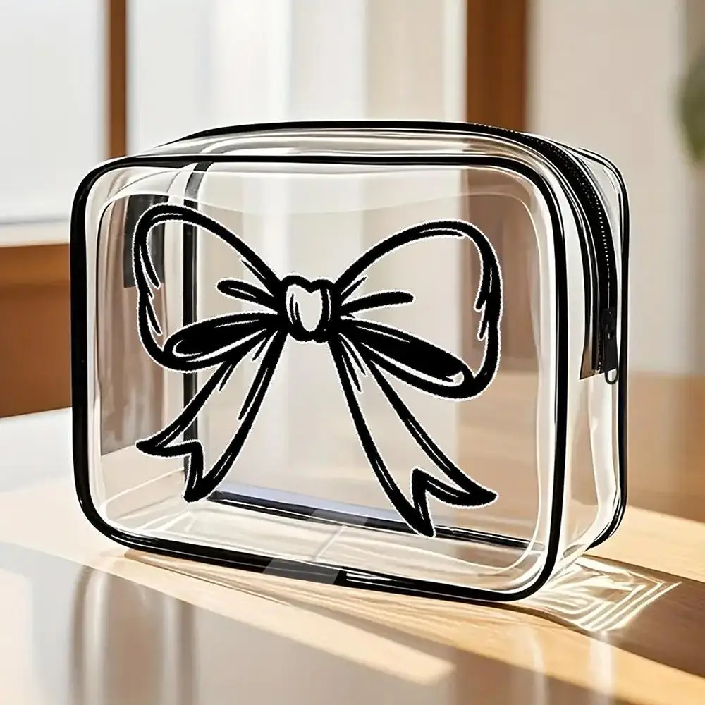 Black Outline Bow Ribbon Clear PVC Zippered For Makeup Bag Minimalist Monochrome Line Art Design Portable Cosmetic Organizer Per