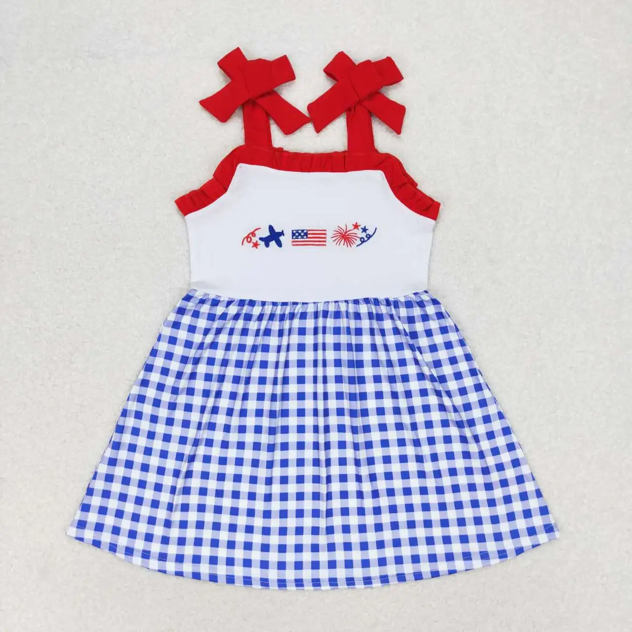 

Independence Day Embroidery Baby Girl Airplane Flag Red Lace Blue and White Plaid Suspender Dress Girls Dress