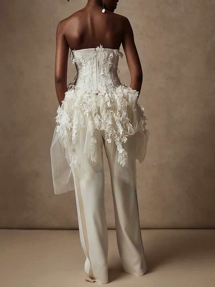 Elegant Strapless Applique Corset Sleeveless Trousers Bride Wedding Dresses Bridal Gowns Customized