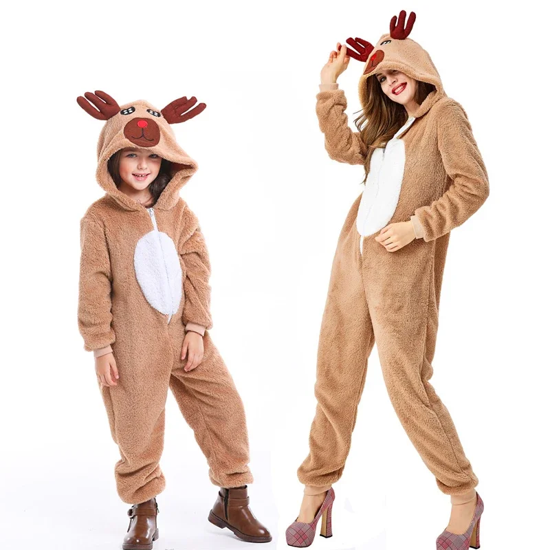 

2024 Women Girl Family Female Rudolph Plush Pajamas Kids Reindeer Christmas Santa Halloween Costume