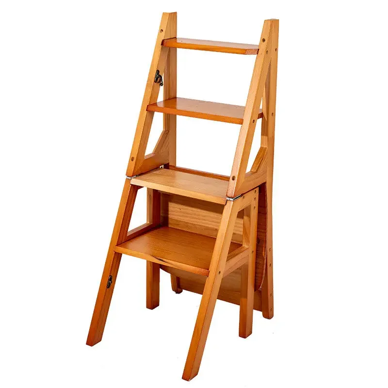 Solid Wood Ladder for Home Use, Foldable Step Stool Chair, Multi-functional Indoor Step Ladder, A-Frame Ladder, 128 Characters