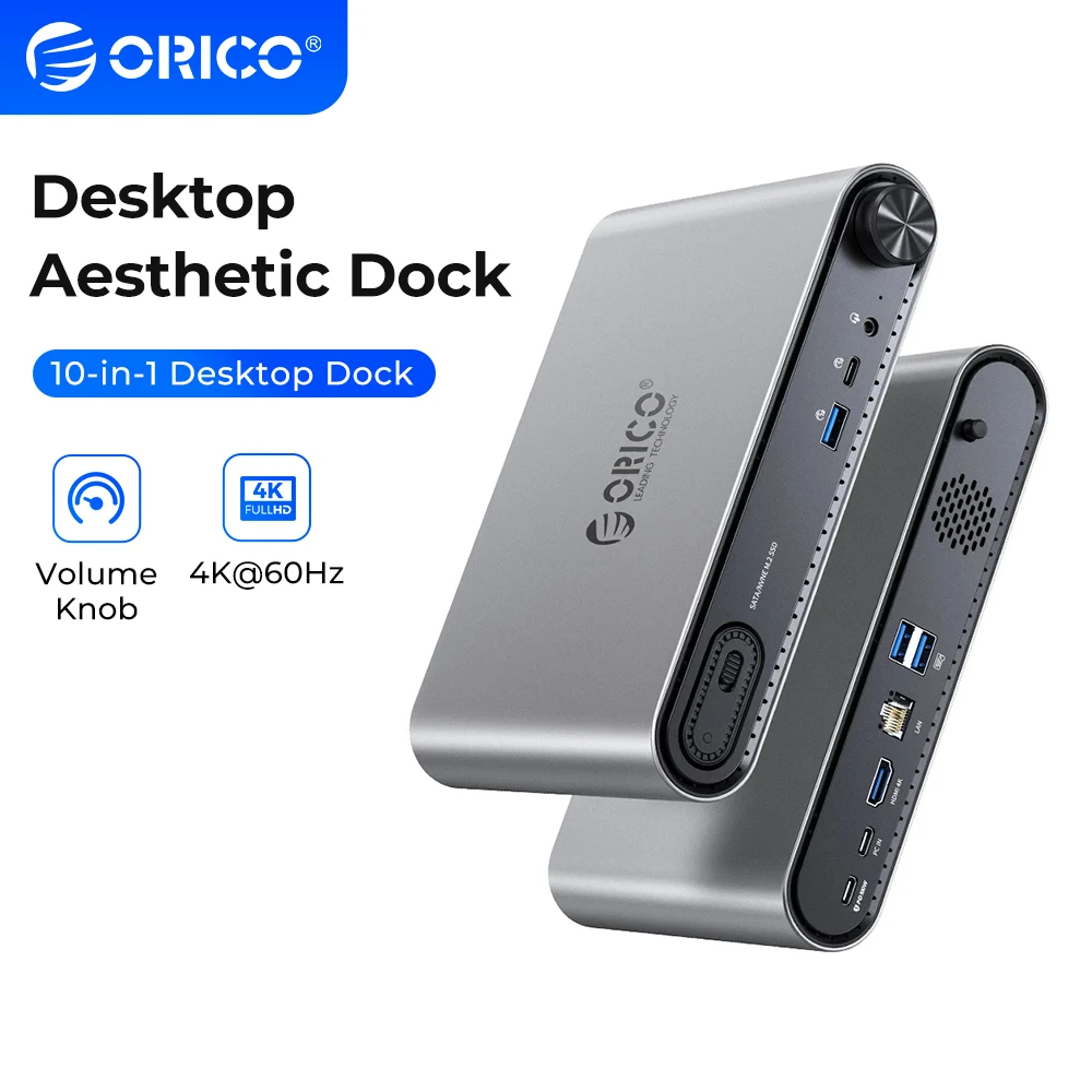 

ORICO1 USB C Docking Dtation 10 in with M.2 SSD Enclosure PD100W Charging Ethernet 4K60Hz HDMI-com 3.5mm Audio Volume Control