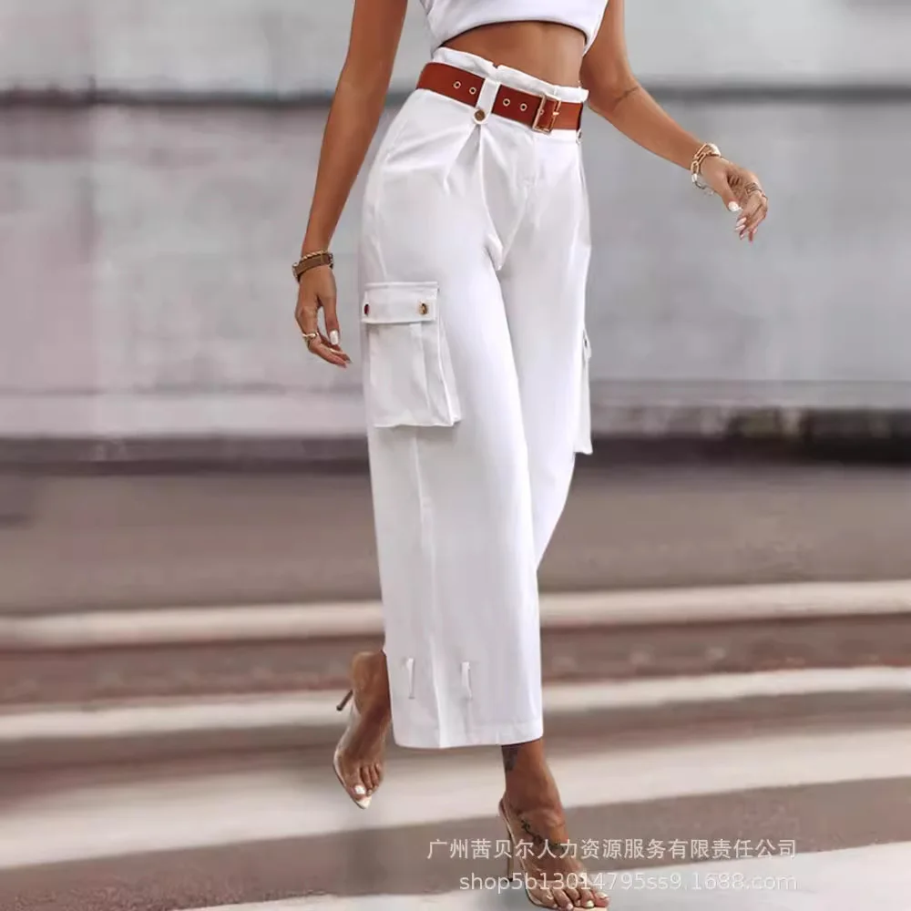 Women Long Pant High Waist Pants Slim Fit Regular Casual Elegant Splice Pocket Button Trousers Solid Summer Capris 2024