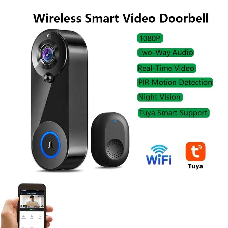 Inteligentny dzwonek do drzwi z bezprzewodowym Wi-Fi, wideo 1080P, Tuya Smart Home Security, detekcja ruchu, noktowizor, wideodomofon z funkcją rozmowy głosowej.