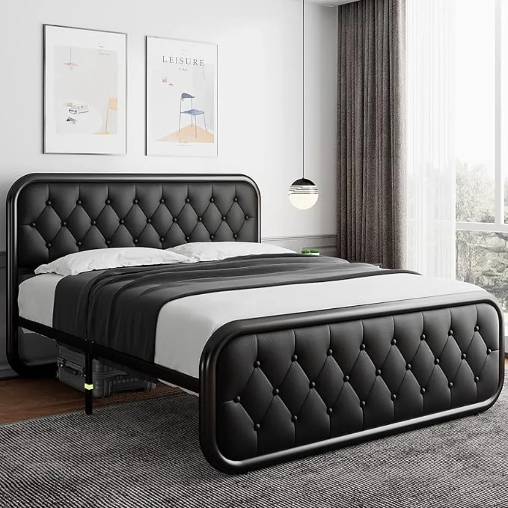 Queen Size Metal Bed Frame with Leather Headboard, Heavy-Duty Platform Bed Frame, Thicker Metal Steel Slats Support