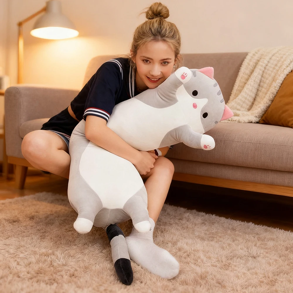 Popularna, długa pluszowa zabawka w kształcie kota, poduszka, czarno-różowo-szaro-żółta, miękka, do przytulania, lalka do spania, prezent dla chłopców, dziewczynek, dzieci, na święta, urodziny.