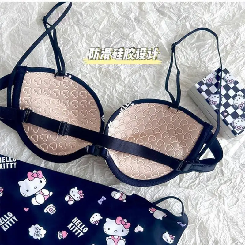 Kawaii Sanrioed Bra Set Hello Kitty Underwear Panties Bra Set Push-Up Bra Comic Underwear Sexy Pure Desire Bra Sweet Girl Gift