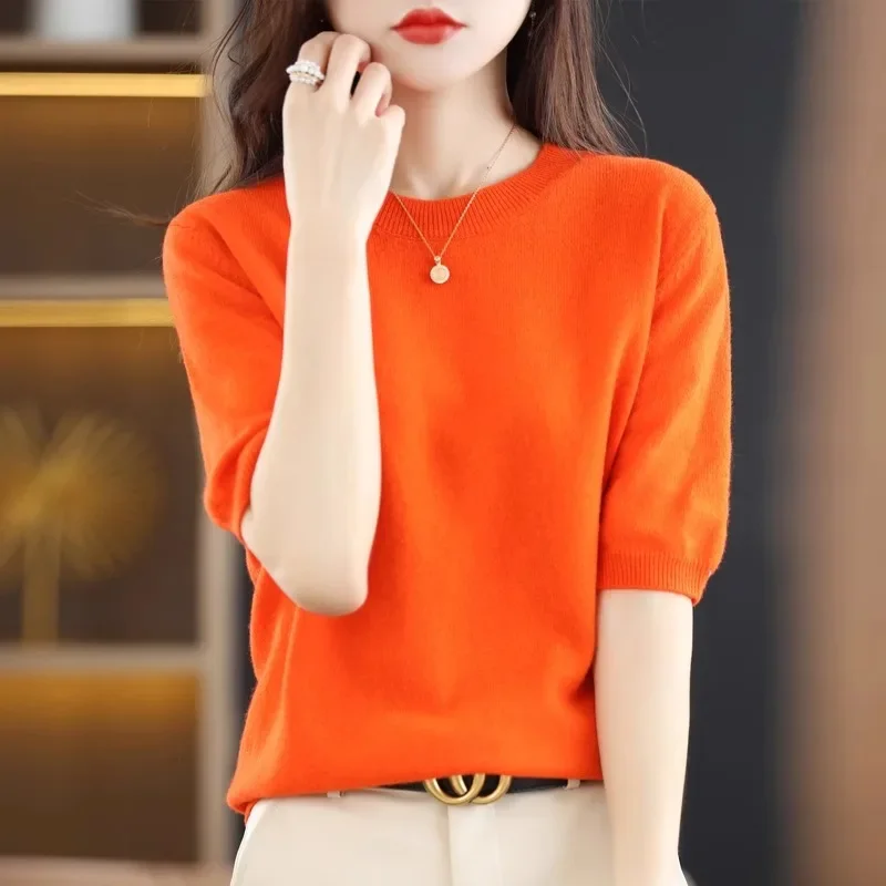 Spring Autumn Women Sweaters Short Sleeves O-neck Bottoming Shirts Knitwear 2025 Summer Knit Tops Pullovers Korean Jumpers