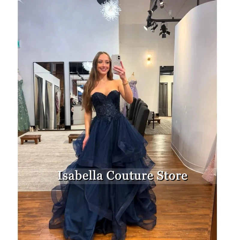 Dark Blue Evening Dresses Fluffy Layered Tulle Prom Dresses A-line Off-the-shoulder Princess Dress Party Dresses