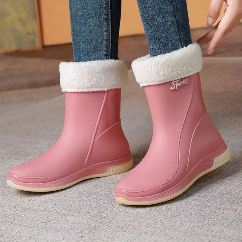 New Rain Boots Women's Waterproof Shoes Rubber Shoes Cotton-Padded Rubber Boots Women's Fashion Middle Adult Non-Slip Work Shoes