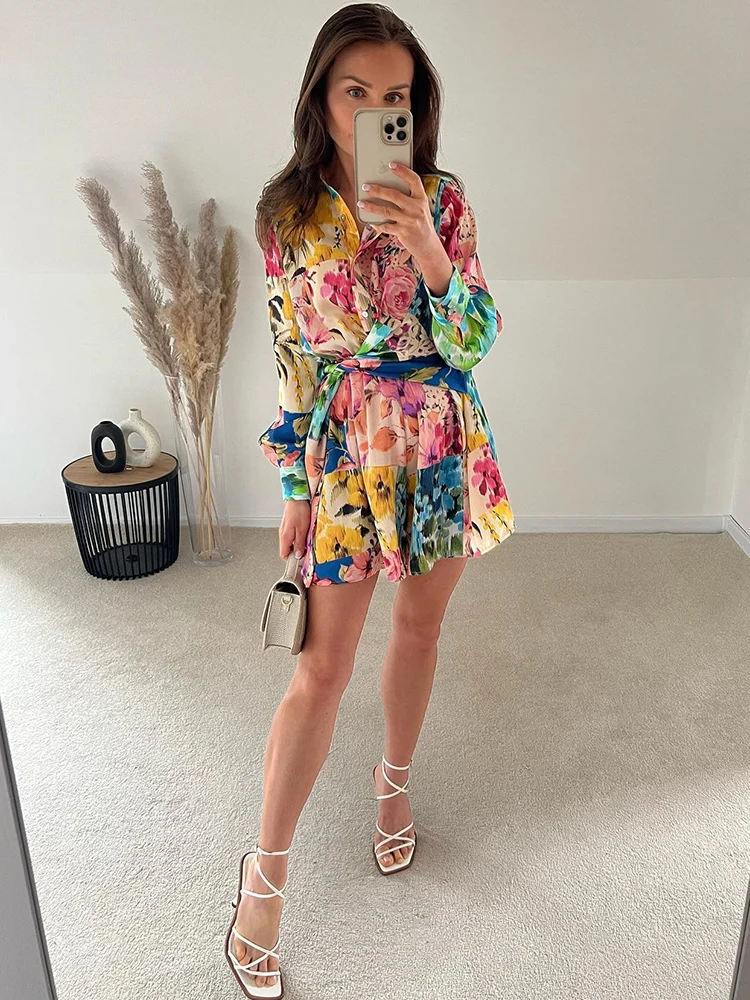 Foridol Floral Boho Tie Dyed Summer Long Sleeve Romper Playsuit Overall Beach Button Shirt Spring Wide Leg Romper Jumpsuit