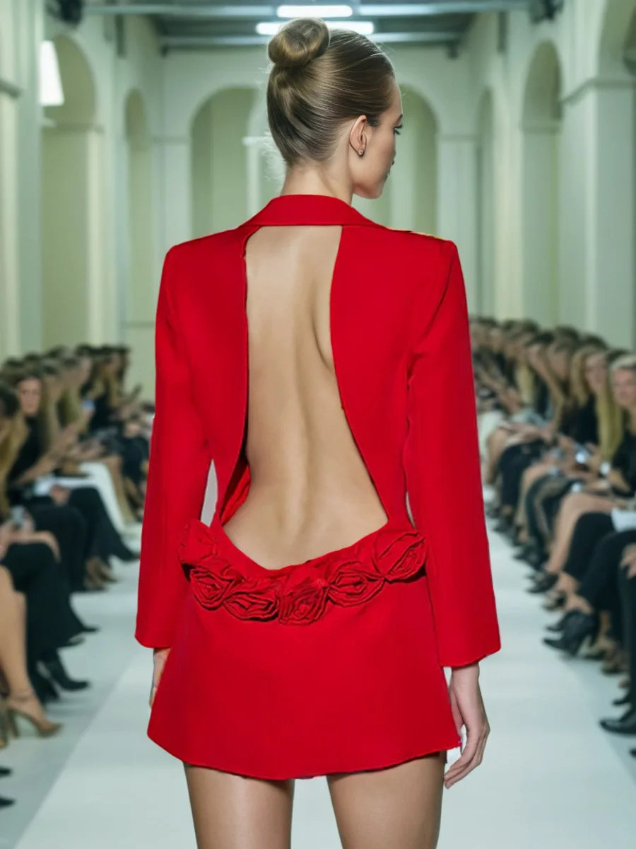

Sexy Deep V Neck Long Sleeve Blazers Dress Women Red Backless 3D Flower High Waist Slim Dresses Evning Party Runway Gowns