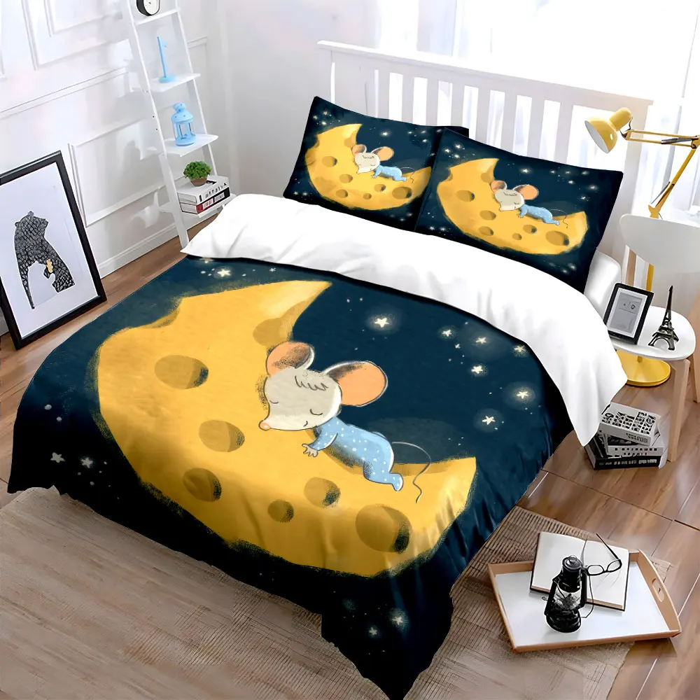 Mouse Sleeping on Moon Cheese Soft Skin-Friendly Bedding Set Includes 1 Duvet Cover And 2 Pillowcase, Gift