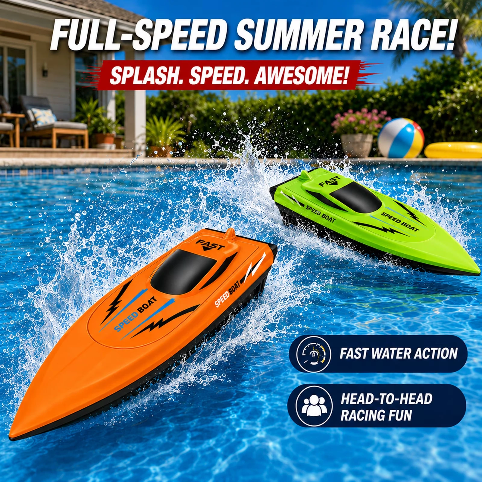 2.4GHz RC Boat for Kids, High Speed Remote Control Racing Boat, Dual Motor Waterproof Speedboat for Swim Pool Lake Outdoor Gifts