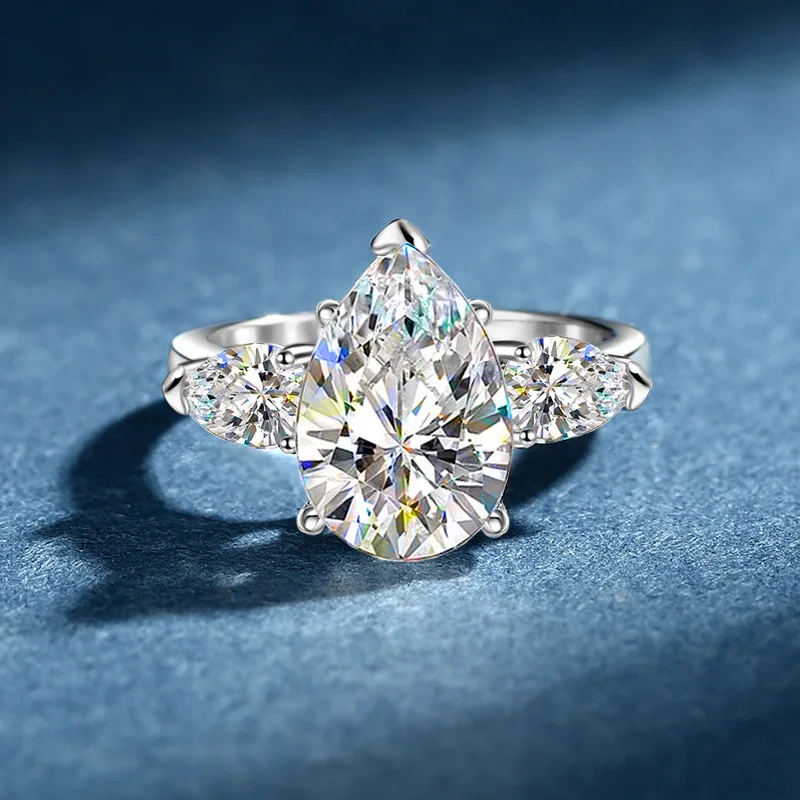 S925 Rhodium Plated 3CT D Color Pear Ice Flower Moissanite Ring, Elegant Women's Statement Jewelry Gift