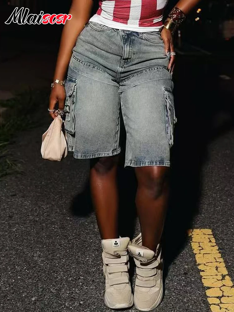 

Mlaiscsr Multiple Pockets Loose Knee Length Baggy Denim Shorts Women Fashion Streetwear Hip Hop Cargo Jeans Summer Straight Pant