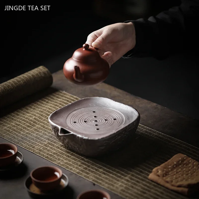 Japanese Crude Pottery Teapot Base Small Dry Tea Tray Household Tea Set Storage Trays Water Storage Tea Tray Teaware Supplies