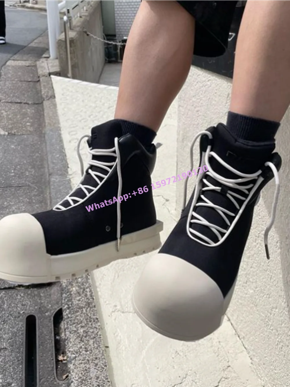 

High Top Black White Pumps Cross Tied Round Toe Flat with Thick Soled Ankle Boots Couples Concise Fashion Leisure Sneakers