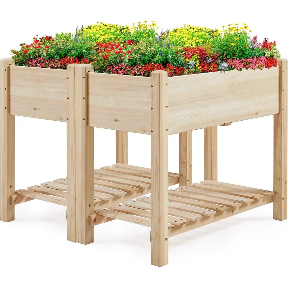 Double Elevated Wooden Planter Boxes with Legs, 34 High, for Easy Gardening and Storage
