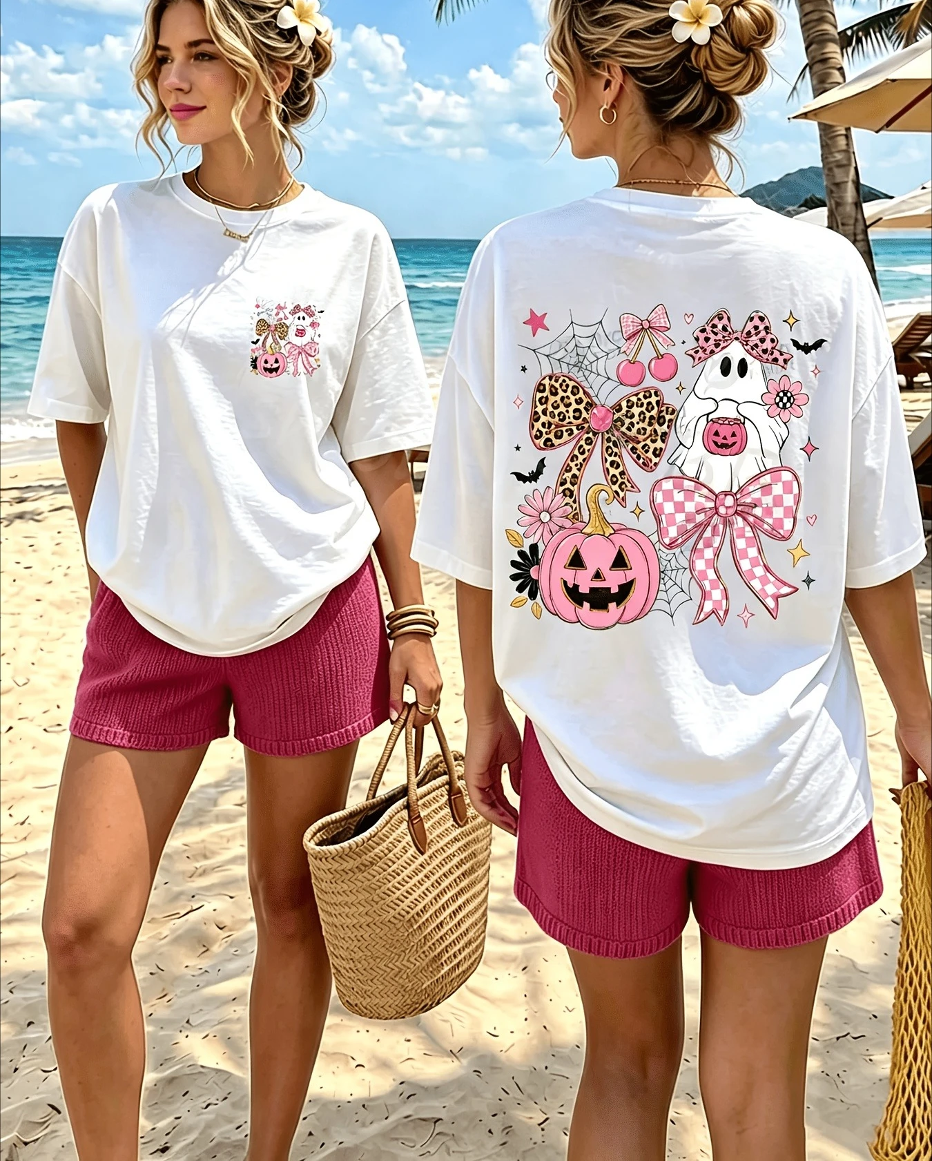 Sweet Halloween T Shirt Women Double Sided Ghost Cherry Bow Graphic Tee Girly Holiday Party Outfit Short Sleeve Crewneck Top