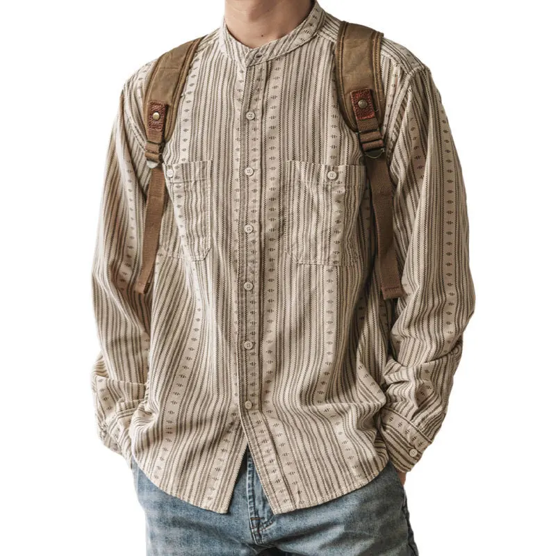 

Spring And Autumn Men's Pure Cotton Long Sleeve Shirt Ethnic Style Double Pockets Fit Round Neck Vertical Stripe Shirt