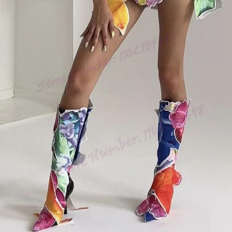 Patchwork Knee High Boots Pointed Toe Shoes for Women Stilettos High Heels Sexy Lady Party Shoes 2024 Zapatos Para Mujere