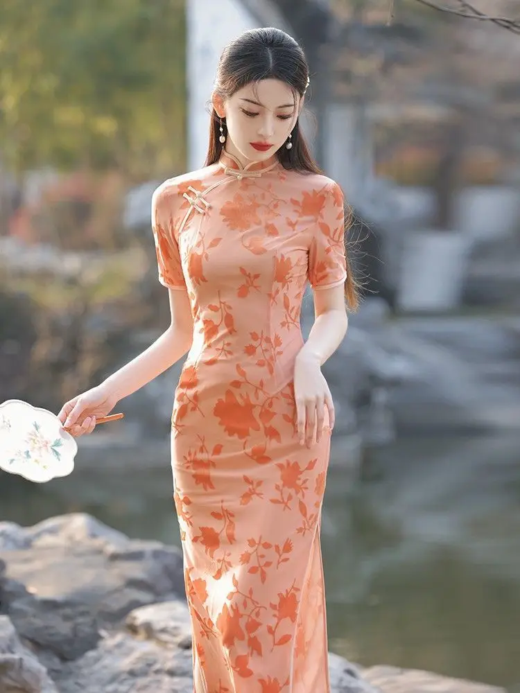 Migliorato Cheongsam Vestito Qipao 2024 Nuova Giovane Ragazza Arancione Estate Quotidiano Indossabile Abito Lungo Cinese Estate Abbigliamento Donna