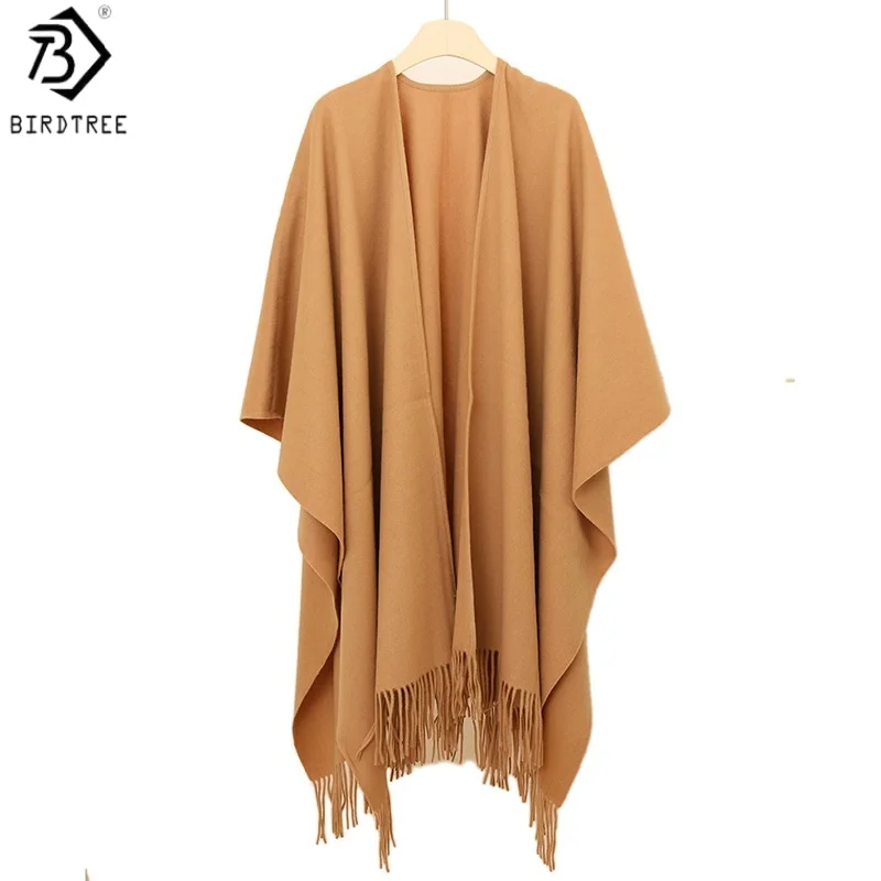 Birdtree, 100% Sheep Wool Shawl Cape, Women's Tassel Knitted Scarf, Shoulder Protection Warmth 2026 Winter Solid Cloak S68235JF
